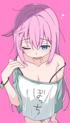 Rule 34 | 1girl, bare shoulders, blue eyes, bocchi the rock!, bracelet, drooling, gotoh hitori, highres, hikentai0112, jewelry, male focus, off shoulder, one eye closed, open mouth, pink background, pink hair, simple background, solo, strap slip, tears, yawning
