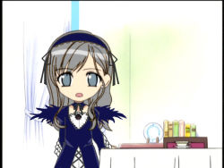 Rule 34 | 1girl, black wings, book, chibi, chibi only, crossover, cup, flower, fusion, hairband, indoors, looking at viewer, maria-sama ga miteru, noto mamiko, parody, plate, rose, rozen maiden, solo, standing, suigintou, table, tablecloth, teacup, third-party edit, toudou shimako, voice actor connection, wings