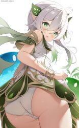 Rule 34 | 1girl, ass, blush, bracelet, cameltoe, chintora0201, cross-shaped pupils, detached sleeves, dress, fang, genshin impact, gradient hair, green eyes, green hair, grey hair, hair between eyes, hair ornament, highres, jewelry, long hair, looking at viewer, looking back, multicolored hair, nahida (genshin impact), open mouth, panties, pointy ears, side ponytail, sidelocks, skin fang, sleeveless, slime (genshin impact), solo, symbol-shaped pupils, thighs, underwear, white dress, white hair, white panties