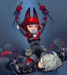 Rule 34 | !, 1boy, 1girl, alternate color, android, belt pouch, blue background, cosplay, cyborg, grey hair, highres, holding, holding weapon, leduc (skullgirls), luxey san, lying, metal gear (series), metal gear rising: revengeance, monsoon (metal gear rising), monsoon (metal gear rising) (cosplay), navel, pouch, raiden (metal gear), raiden (metal gear) (cosplay), rain, red eyes, robo-fortune, skullgirls, smile, straddling, weapon