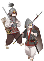 Rule 34 | 2girls, armor, chinese armor, chinese clothes, chinese empire, dagger axe, dao, fangdan runiu, hanfu, helmet, holding, holding polearm, holding weapon, jitome, lamellar armor, multiple girls, over shoulder, polearm, quiver, romance of the three kingdoms, sandals, shield, simple background, weapon, weapon over shoulder, yellow eyes