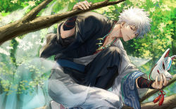 Rule 34 | 1boy, arm up, bead necklace, beads, black kimono, bridal gauntlets, closed mouth, commentary request, day, fox mask, fox tail, gintama, hair between eyes, half-closed eyes, highres, holding, holding mask, in tree, japanese clothes, jewelry, kemonomimi mode, kimono, kitsune, knee up, kyuubi, long sleeves, looking at viewer, male focus, mask, multiple tails, necklace, on one knee, outdoors, red eyes, sakata gintoki, socks, solo, tail, tree, twitter username, unworn mask, uraki (tetsu420), white hair, white kimono, white socks, wide sleeves