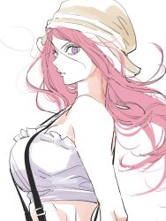 Rule 34 | brown hat, commentary, crop top, floating hair, hat, highres, jewelry bonney, long hair, looking at viewer, looking back, needbee r, one piece, pink hair, purple eyes, simple background, strapless, suspenders, tube top, upper body, white background