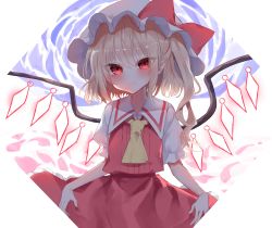 Rule 34 | 1girl, absurdres, ascot, blonde hair, bow, closed mouth, cowboy shot, crystal, flandre scarlet, hat, hat bow, highres, looking at viewer, mob cap, one side up, red bow, red eyes, red skirt, red vest, rori82li, short hair, short sleeves, skirt, smile, solo, standing, touhou, vest, white hat, wings, yellow ascot