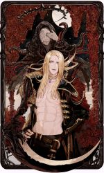 Rule 34 | abs, absurdres, belt, black cloak, black jacket, black pants, blonde hair, blue eyes, border, cloak, covering own eyes, cowboy shot, final fantasy, final fantasy xiv, flower, forehead jewel, full body, hand on own hip, highres, jacket, jewelry, karelitsun, long hair, loose belt, lower teeth only, male focus, muscular, muscular male, necklace, night, night sky, open clothes, open jacket, open mouth, ornate clothes, pants, parted bangs, pectorals, pendant choker, red flower, red rose, rose, scythe, sky, straight hair, teeth, tentacles, upper teeth only, zenos yae galvus