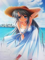 Rule 34 | 00s, 1girl, armpits, beach, blue eyes, blush, bra, breasts, clannad, day, dress, hanging breasts, hat, hinoue itaru, jpeg artifacts, large breasts, leaning forward, long hair, outdoors, sakagami tomoyo, see-through, silver hair, solo, straw hat, sundress, underwear
