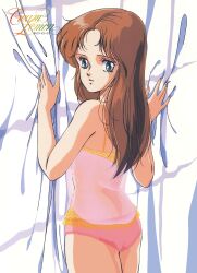 Rule 34 | 1980s (style), 1girl, aqua eyes, ass, back, brown hair, chemise, copyright name, cowboy shot, cream lemon, curtains, highres, long hair, looking at viewer, looking back, non-web source, official art, oldschool, panties, pink panties, retro artstyle, see-through, solo, underwear, underwear only