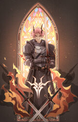 Rule 34 | 1boy, absurdres, arknights, armor, breastplate, closed mouth, crossed swords, fire, gauntlets, highres, holding, holding sword, holding weapon, horns, jueduihuoli, looking at viewer, male focus, parted bangs, pauldrons, pink hair, red eyes, shoulder armor, solo, stained glass, sword, theresis (arknights), thick eyebrows, two-handed, v-shaped eyebrows, weapon