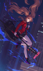 Rule 34 | 1girl, angelina (arknights), animal ears, ankle boots, arknights, athrun1120, bag, bare legs, black footwear, black shirt, black shorts, boots, breasts, brown hair, city, commentary request, dutch angle, fox ears, full body, hairband, highres, holding, holding staff, jacket, leg up, long hair, long sleeves, looking at viewer, night, open clothes, open jacket, outdoors, parted lips, red eyes, red jacket, shirt, short shorts, shorts, sidelocks, small breasts, smile, solo, staff, standing, standing on one leg, twintails, two-tone hairband, very long hair