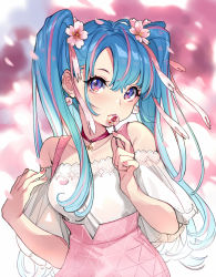 Rule 34 | 1girl, bare shoulders, blue eyes, blue hair, blurry, blurry background, breasts, candy, collarbone, commentary, depth of field, earrings, eyebrows hidden by hair, fingernails, flower, food, hair between eyes, hair flower, hair ornament, hair ribbon, hatsune miku, high-waist skirt, highres, holding, holding food, jewelry, lollipop, multicolored hair, nail polish, off-shoulder shirt, off shoulder, petals, pink flower, pink hair, pink nails, pink ribbon, pink skirt, puffy short sleeves, puffy sleeves, ribbon, shirt, short sleeves, skirt, small breasts, solo, streaked hair, suspender skirt, suspenders, twintails, upper body, vocaloid, white shirt, yuu (higashi no penguin)