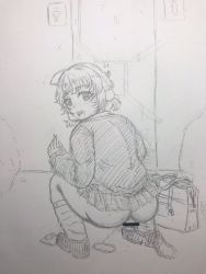Rule 34 | 1girl, ass, censored, highres, looking at viewer, looking back, monochrome, outdoors, panties around leg, peeing, public bathroom, shigure ui (vtuber), sketch, solo, squatting, virtual youtuber