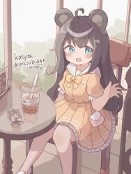 Rule 34 | 1girl, absurdres, ahoge, animal ears, bear ears, bear girl, black hair, blue eyes, blush, bow, bubble tea, buttons, cafeteria, chair, clothes writing, colon br, commentary request, commission, dress, drink, drinking straw, fang, feet out of frame, frilled skirt, frilled sleeves, frills, full body, hand up, highres, indoors, koguma yuno, long hair, menu, menu board, miniskirt, open mouth, original, pleated skirt, pocket, puffy short sleeves, puffy sleeves, sailor collar, sailor shirt, shirt, short sleeves, sitting, skeb commission, skin fang, skirt, solo, table, thank you, white footwear, white sailor collar, window, yellow bow, yellow dress, yellow shirt, yellow skirt