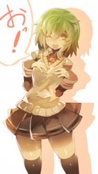Rule 34 | 1girl, black thighhighs, green hair, hands on own chest, highres, mamuru, necktie, one eye closed, open mouth, original, short hair, silhouette, simple background, skirt, smile, solo, sweater vest, thighhighs, wink, yellow eyes