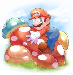 Rule 34 | 1boy, blue eyes, blue overalls, boots, brown footwear, co co mg, facial hair, gloves, grass, hat, male focus, mario, mario (series), mushroom, mustache, nintendo, overalls, red headwear, red shirt, shirt, the super mario bros. movie, white gloves