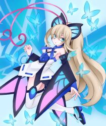 Rule 34 | 1girl, antenna hair, azure striker gunvolt, blonde hair, bug, butterfly, butterfly wings, dress, energy wings, full body, glowing butterfly, green eyes, high ponytail, insect, insect wings, long sleeves, lumen (gunvolt), multicolored hair, pink hair, riho funakubo, solo, strapless, strapless dress, thighhighs, two-tone hair, white dress, white thighhighs, wide sleeves, wings