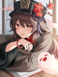 Rule 34 | 1girl, :p, bead bracelet, beads, black nails, blush, book, bracelet, brown hair, brown hat, chinese clothes, commentary, crossed arms, flower, flower-shaped pupils, genshin impact, ghost, hat, hat flower, hitodama, hu tao (genshin impact), jewelry, long hair, long sleeves, looking at viewer, nail polish, plum blossoms, porkpie hat, ring, silence girl, sitting, solo, symbol-shaped pupils, table, tongue, tongue out, wooden table