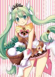 Rule 34 | 1girl, :p, ascot, frey (rune factory), gloves, green eyes, green hair, jewelry, long hair, matching hair/eyes, miniskirt, rune factory, rune factory 4, skirt, sleeveless, smile, solo, thighs, tiara, tinkle2013, tongue, tongue out, turnip, twintails, very long hair