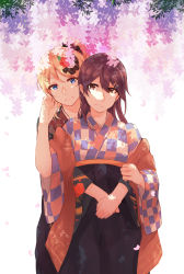 Rule 34 | 10s, 2girls, ayase eli, bad id, bad pixiv id, blonde hair, blue eyes, brown hair, cherry blossoms, hair down, hair ornament, hand on another&#039;s cheek, hand on another&#039;s face, highres, hug, hug from behind, japanese clothes, kimono, kiri (0218htt), long hair, looking at another, love live!, love live! school idol project, multiple girls, ponytail, scarf, simple background, smile, sonoda umi, v arms, white background, yellow eyes, yuri