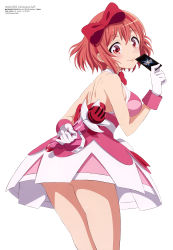 Rule 34 | 1girl, absurdres, arm behind back, ass, asu hirana, back, bare legs, bare shoulders, bow, breasts, card, dress, feet out of frame, gloves, hair bow, highres, holding, holding card, holding microphone, layered dress, looking at viewer, maeda yuriko, medium breasts, megami magazine, microphone, official art, pink dress, red eyes, red hair, scan, short hair, shoulder blades, sidelocks, simple background, smile, solo, thighs, white background, white gloves, wixoss, wixoss diva(a)live, wrist cuffs