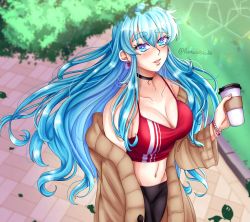 Rule 34 | 1girl, absurdres, alternate breast size, armpit crease, black choker, black leggings, blue eyes, blue hair, blurry, blurry background, blush, bracelet, breasts, camisole, choker, coat, coffee cup, collarbone, commentary, contemporary, crescent, crescent choker, cup, disposable cup, earrings, eirika (fire emblem), english commentary, falling leaves, fire emblem, fire emblem: the sacred stones, gem, gradient eyes, grass, griff, groin, highres, jewelry, large breasts, leaf, leggings, light blue hair, long hair, looking at viewer, midriff, multicolored eyes, navel, nintendo, off shoulder, pearl bracelet, purple eyes, red camisole, red gemstone, shadow, shirt, signature, solo, taut clothes, taut shirt, twitter username, very long hair