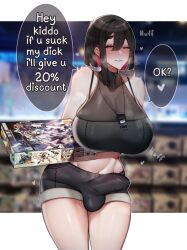 Rule 34 | 1girl, ?, absurdres, arm behind back, black hair, blurry, blurry background, blush, breasts, bulge, covered testicles, cowboy shot, english text, futanari, hair between eyes, heart, highres, holding, huge breasts, midriff, mole, mole under eye, mole under mouth, navel, one eye closed, original, short hair, shorts, solo, speech bubble, testicles, unbeller
