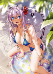 Rule 34 | :d, absurdres, animal ears, ball, bare legs, barefoot, beach, beachball, bikini, blue bikini, blue eyes, blurry, bracelet, breasts, cleavage, collarbone, colored eyelashes, day, depth of field, flower, hair between eyes, hair flower, hair ornament, highres, jewelry, kannatsuki noboru, large breasts, leaning forward, light purple hair, long hair, looking at viewer, looking up, navel, non-web source, o-ring, o-ring bikini, open mouth, outdoors, scan, side-tie bikini bottom, smile, solo, swimsuit, tail, thighlet, tiger ears, tiger tail, toranoana