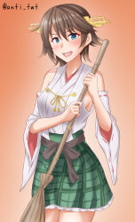 Rule 34 | 1girl, anti (untea9), broom, brown hair, commentary request, cowboy shot, detached sleeves, flipped hair, gradient background, green skirt, hairband, headgear, hiei (kancolle), highres, japanese clothes, kantai collection, looking at viewer, one-hour drawing challenge, orange background, plaid, plaid skirt, pleated skirt, ribbon-trimmed sleeves, ribbon trim, short hair, skirt, smile, solo, standing