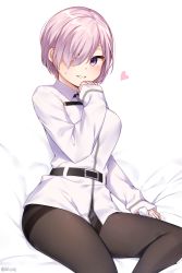 Rule 34 | 1girl, bed sheet, belt, black pantyhose, blush, breasts, cosplay, eyes visible through hair, fate/grand order, fate (series), fine fabric emphasis, fujimaru ritsuka (female), fujimaru ritsuka (female) (cosplay), hair over one eye, heart, highres, long sleeves, looking at viewer, mash kyrielight, medium breasts, mono (mono mon), no pants, panties, panties under pantyhose, pantyhose, parted lips, pink hair, purple eyes, sheet grab, short hair, simple background, sitting, sleeves past wrists, smile, solo, sweat, thigh gap, twitter username, underwear, white background