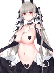 Rule 34 | 1girl, animal ears, azur lane, between breasts, black skirt, bow, breasts, cleavage, collarbone, commentary request, crotchless skirt, detached collar, detached sleeves, earrings, formidable (azur lane), frown, grey hair, hair bow, heart pasties, highres, jewelry, large breasts, long hair, long sleeves, looking at viewer, meme attire, navel, nephthys2356, pasties, rabbit ears, red eyes, reverse bunnysuit, reverse outfit, simple background, skirt, skirt hold, solo, twintails, upper body, very long hair, white background