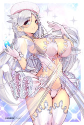 Rule 34 | asymmetrical gloves, breasts, commentary, cowboy shot, english commentary, frilled skirt, frills, fur hat, gem, gloves, hat, highres, large breasts, long hair, magical girl, navel, original, panties, showgirl skirt, skirt, thighhighs, underwear, very long hair, virus-g, white gloves, white hair, white panties, white thighhighs