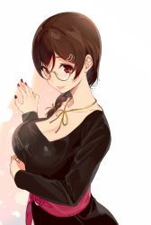 Rule 34 | 1girl, braid, breasts, brown hair, cleavage, commentary request, hair ornament, hairclip, hand up, heart, heart hair ornament, large breasts, long hair, long sleeves, looking at viewer, multicolored nails, nail polish, neck ribbon, red eyes, red nails, ribbon, sasamori tomoe, sash, smile, solo, succubus stayed life, upper body, yellow ribbon