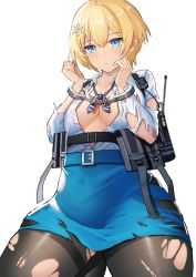 Rule 34 | 1girl, absurdres, aer7o, alternate breast size, bad id, bad twitter id, bdsm, belt, black pantyhose, blonde hair, blue belt, blue eyes, blue skirt, blush, bondage, bound, breasts, cleavage, closed mouth, cuffs, curvy, girls&#039; frontline, hair ornament, handcuffs, highres, large breasts, long sleeves, medium breasts, mole, mole under eye, pantyhose, short hair, skirt, snowflake hair ornament, solo, taut clothes, taut skirt, thick thighs, thighs, torn clothes, torn pantyhose, vsk-94 (girls&#039; frontline)