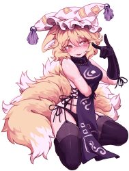Rule 34 | 1girl, animal ears, arm under breasts, black gloves, black panties, black thighhighs, blonde hair, blush, commentary, english commentary, fox ears, fox girl, fox shadow puppet, fox tail, full body, garter straps, gloves, hair between eyes, hat, highres, kitsune, kneeling, mob cap, multiple tails, open mouth, panties, short eyebrows, short hair, simple background, solo, tabard, tail, thighhighs, touhou, underwear, variant set, white background, white hat, yakumo ran, yellow eyes, zuomerika