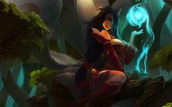 Rule 34 | 1girl, ahri (league of legends), animal ears, armpits, artist request, bikini, black hair, braid, breasts, cleavage, eyelashes, facial mark, fingernails, fox ears, fox tail, highres, large breasts, league of legends, lips, long hair, looking at viewer, lying, multiple tails, navel, parted lips, sideboob, signature, slit pupils, solo, strap gap, swimsuit, tail, tassel, toned, very long hair, yellow eyes