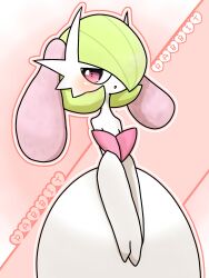 Rule 34 | 1girl, bare shoulders, blush, bob cut, colored skin, creatures (company), dress, elbow gloves, english text, female focus, flat chest, game freak, gardevoir, gen 3 pokemon, gloves, green hair, hair over one eye, half-closed eyes, happy, heart, heart in eye, highres, kemonomimi mode, looking at viewer, mega gardevoir, mega pokemon, nintendo, one eye covered, open mouth, outline, own hands together, pink background, pink outline, pokemon, pokemon (creature), rabbit ears, rabbit girl, red eyes, short hair, smile, solo, strapless, strapless dress, symbol in eye, v arms, white dress, white gloves, white outline, white skin, yuri (fl0werspace)