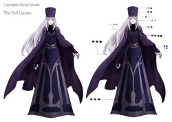 Rule 34 | 1girl, cape, character name, character sheet, dress, english text, hat, long hair, monaka (siromona), simple background, solo, standing, the evil queen (gnr), the girl and the robot, white background