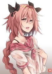 Rule 34 | 1boy, a:n (angrynum), astolfo (fate), astolfo (sailor paladin) (fate), black ribbon, blush, braid, fang, fate/apocrypha, fate/grand order, fate (series), gradient background, hair ribbon, long hair, looking to the side, male focus, official alternate costume, open mouth, patreon username, pink eyes, pink hair, ribbon, school uniform, see-through, serafuku, short sleeves, single braid, solo, trap