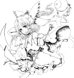 Rule 34 | 1girl, bow, collar, detached sleeves, dress, female focus, gohei, greyscale, hair bow, hakurei reimu, holding, katzeh, long sleeves, looking at viewer, monochrome, ponytail, simple background, solo, stick, touhou, white background