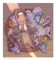 Rule 34 | alternate color, border, brown eyes, character doll, closed eyes, commentary request, creatures (company), dated, drooling, eevee, espeon, flareon, from above, game freak, gen 1 pokemon, gen 2 pokemon, gen 4 pokemon, gen 6 pokemon, glaceon, highres, ichino cco, jolteon, leafeon, lying, mouth drool, nintendo, no humans, on back, open mouth, pet bed, pokemon, pokemon (creature), shadow, shiny pokemon, sleeping, sylveon, umbreon, vaporeon, white border, wooden floor