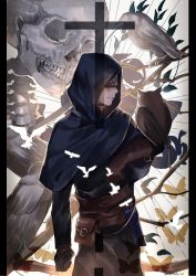 Rule 34 | 1boy, animal, animal on arm, artist name, bird, bird on arm, black border, blindfold, blue capelet, border, branch, brown gloves, bug, butterfly, capelet, covered eyes, cross, eli clark, facing another, gloves, highres, hood, hood up, hooded capelet, identity v, insect, kukatsuma, long sleeves, male focus, owl, pouch, skeleton, smile, solo, twitter username
