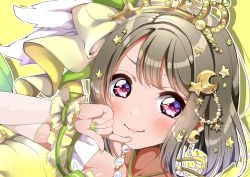 Rule 34 | 1girl, artist name, artist request, blush, bow, bowtie, breasts, brown hair, close-up, clothing cutout, collarbone, crescent, crescent earrings, crescent hair ornament, criss-cross halter, cross-laced clothes, cross-laced dress, cross-laced top, diamond (love live!), double horizontal stripe, dress, dress bow, earrings, feathers, female focus, frilled cuffs, frilled dress, frilled sleeves, frills, gem, green bow, green nails, green ribbon, grey hair, hair ornament, halterneck, heart, heart print, highres, jewelry, lace, lace-trimmed dress, lace trim, light brown hair, looking at viewer, love live!, love live! nijigasaki high school idol club, love live! school idol festival, nail, nail polish, nakasu kasumi, parted lips, pearl (gemstone), pink eyes, plaid, plaid dress, pleated, pleated dress, puffy short sleeves, puffy sleeves, purple eyes, ribbon, short hair, short sleeves, shoulder cutout, smile, solo, star (symbol), star hair ornament, tiara, upper body, white dress, white feathers, wrist cuffs, yellow background, yellow bow, yellow dress, yellow nails, yellow ribbon, yellow wrist cuffs