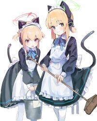 Rule 34 | 2girls, absurdres, animal ear headphones, animal ears, apron, black dress, blonde hair, blue archive, blush, bucket, cat tail, closed mouth, dress, fake animal ears, frilled apron, frills, ggab0621, green eyes, green halo, halo, headphones, highres, holding, holding bucket, long sleeves, maid apron, midori (blue archive), midori (maid) (blue archive), momoi (blue archive), momoi (maid) (blue archive), multiple girls, official alternate costume, open mouth, pantyhose, pink halo, red eyes, short hair, siblings, simple background, sisters, smile, tail, twins, white apron, white background, white pantyhose