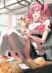 Rule 34 | 1girl, absurdres, apron, azur lane, bare shoulders, black skirt, blue hair, blush, breasts, bremerton (azur lane), chair, choyeon, food, fork, frills, fruit, hair ornament, headdress, highres, ice cream, indoors, knees up, large breasts, long hair, manjuu (azur lane), multicolored hair, open mouth, pink eyes, pink hair, sitting, skirt, strawberry, streaked hair, sundae, table, thighhighs, thighs, twintails, white apron, white headwear, white thighhighs