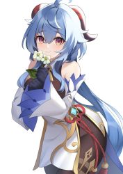 Rule 34 | ahoge, bare shoulders, bell, bent over, black gloves, black legwear, blue hair, blush, breasts, chinese knot, detached sleeves, flower, flower knot, ganyu (genshin impact), genshin impact, gloves, gold trim, highres, holding, holding flower, horns, leaning forward, long hair, looking at viewer, medium breasts, neck bell, pelvic curtain, purple eyes, qingxin flower, red rope, rope, sidelocks, smile, solo, standing, tamatabe, tassel, thighlet, vision (genshin impact), white background, white flower, white sleeves, wide sleeves