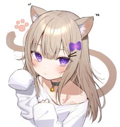 Rule 34 | 1girl, animal ear fluff, animal ears, bell, black choker, bow, brown hair, cat ears, cat girl, cat tail, choker, closed mouth, collarbone, commentary, hair between eyes, hair bow, hair ornament, hairclip, hands up, jingle bell, long hair, long sleeves, motion lines, neck bell, off shoulder, original, purple bow, purple eyes, shirt, simple background, sleeves past fingers, sleeves past wrists, solo, symbol-only commentary, tail, tsukiman, upper body, white background, white shirt
