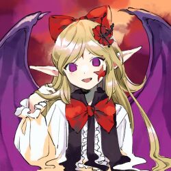 Rule 34 | 1girl, bat wings, black vest, blonde hair, bow, center frills, elis (touhou), facial mark, fangs, frilled sleeves, frills, hair bow, hand in own hair, kaigen 1025, long hair, long sleeves, open mouth, pointy ears, purple eyes, purple wings, red bow, shirt, smile, solo, star (symbol), touhou, touhou (pc-98), upper body, vest, white shirt, wings