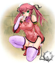 Rule 34 | 1girl, ball and chain (weapon), between fingers, breasts, bridal gauntlets, chinese clothes, covered erect nipples, covered navel, detached sleeves, double bun, flail, garter belt, garter straps, green eyes, hair bun, holding, impossible clothes, kneeling, large breasts, long hair, momoiro taisen pairon, morning star, on one knee, panties, pantyshot, purple panties, purple thighhighs, red eyes, solo, spiked ball and chain, squatting, thighhighs, twintails, underwear, weapon, yamasan (hachiman), zettai ryouiki