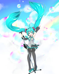 Rule 34 | 1girl, absurdres, aqua eyes, aqua hair, bad id, bad pixiv id, detached sleeves, gradient background, hatsune miku, highres, long hair, microphone, necktie, open mouth, raind, skirt, solo, thighhighs, twintails, very long hair, vocaloid