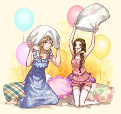 Rule 34 | 1boy, 1girl, aerith gainsborough, alternate costume, arms up, balloon, bare arms, blonde hair, blue dress, blue eyes, blush, bow, braid, breasts, brown hair, cloud strife, collarbone, couple, crossdressing, dress, final fantasy, final fantasy vii, final fantasy vii remake, green eyes, hair bow, hair over shoulder, halu-ca, highres, kneeling, long hair, medium breasts, nightgown, open mouth, pajamas, parted bangs, pillow, pillow fight, pink pajamas, pink shirt, pink shorts, scrunchie, shirt, shorts, smile, spiked hair, sweatdrop, teeth, thighhighs, twin braids, upper teeth only, wavy hair
