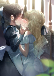 Rule 34 | 2girls, absurdres, apron, bare shoulders, black dress, blonde hair, blue eyes, blurry, blush, braid, brown hair, chromatic aberration, commentary request, crown braid, depth of field, dress, hair bun, half updo, hands on another&#039;s cheeks, hands on another&#039;s face, highres, imminent kiss, juliet sleeves, lens flare, light particles, long hair, long sleeves, maid, maid and master, maid apron, multiple girls, off-shoulder dress, off shoulder, original, parted lips, puffy sleeves, single hair bun, touki matsuri, white apron, white dress, yuri
